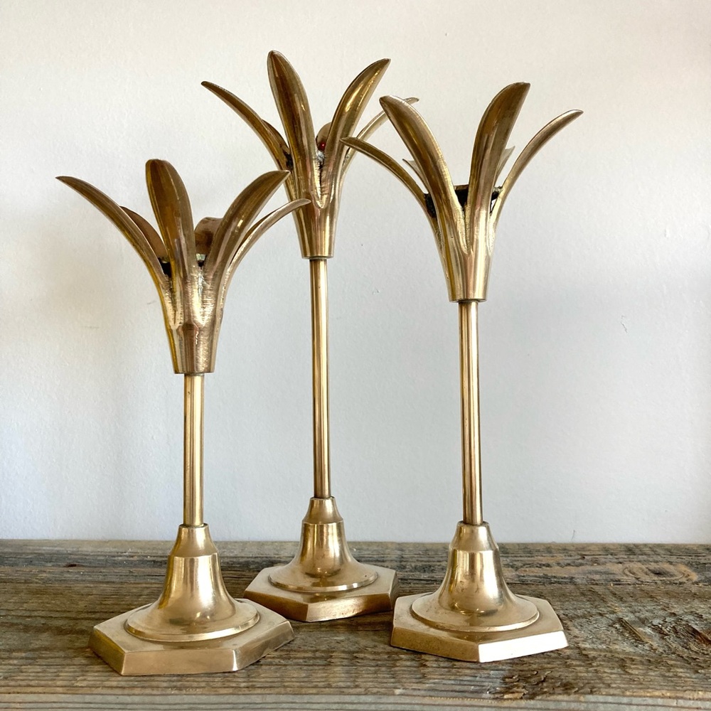 MCM brass candlestick set of 3 - Picture 2 of 4
